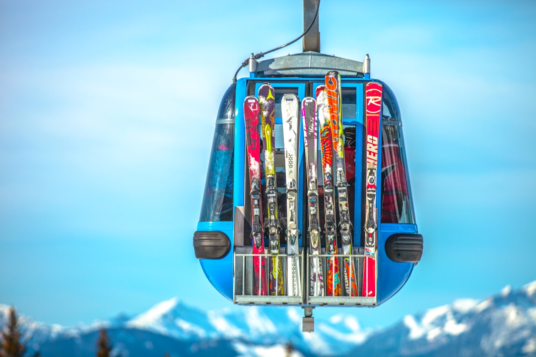 ski resort cable car with ski equipment