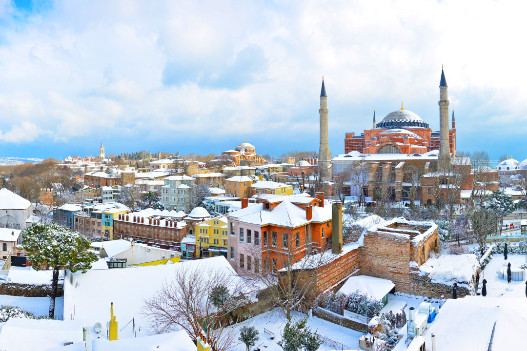 Snowy mosque in Istanbul Turkey